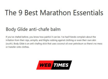 Thumbnail with text "The 9 Best Marathon Essentials Body Glide anti-chafe balm If you’ve chafed before, you know how painful it can be. I’ve had friends complain about the irritation from their nips, armpits, and thighs rubbing against clothing or even their own skin (ouch!). Body Glide is an anti-chafing stick that uses coconut oil over petroleum so there’s no mess or transfer onto clothes."