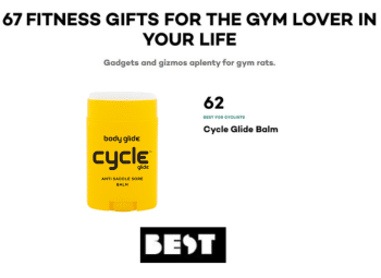 Thumbnail with title "67 FITNESS GIFTS FOR THE GYM LOVER IN YOUR LIFE Gadgets and gizmos aplenty for gym rats." Then an image of Body Glide Cycle Glide follow by "62BEST FOR CYCLISTS Cycle Glide Balm" At the bottom of the thumbnail is the BEST logo