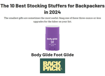 Image showing title "The 10 Best Stocking Stuffers for Backpackers in 2024" with subtext "The smallest gifts are sometimes the most useful. Snag one of these three-ounce-or-less upgrades for the hiker on your list. Text is followed by image of Body Glide Foot Glide and the Back Packer logo